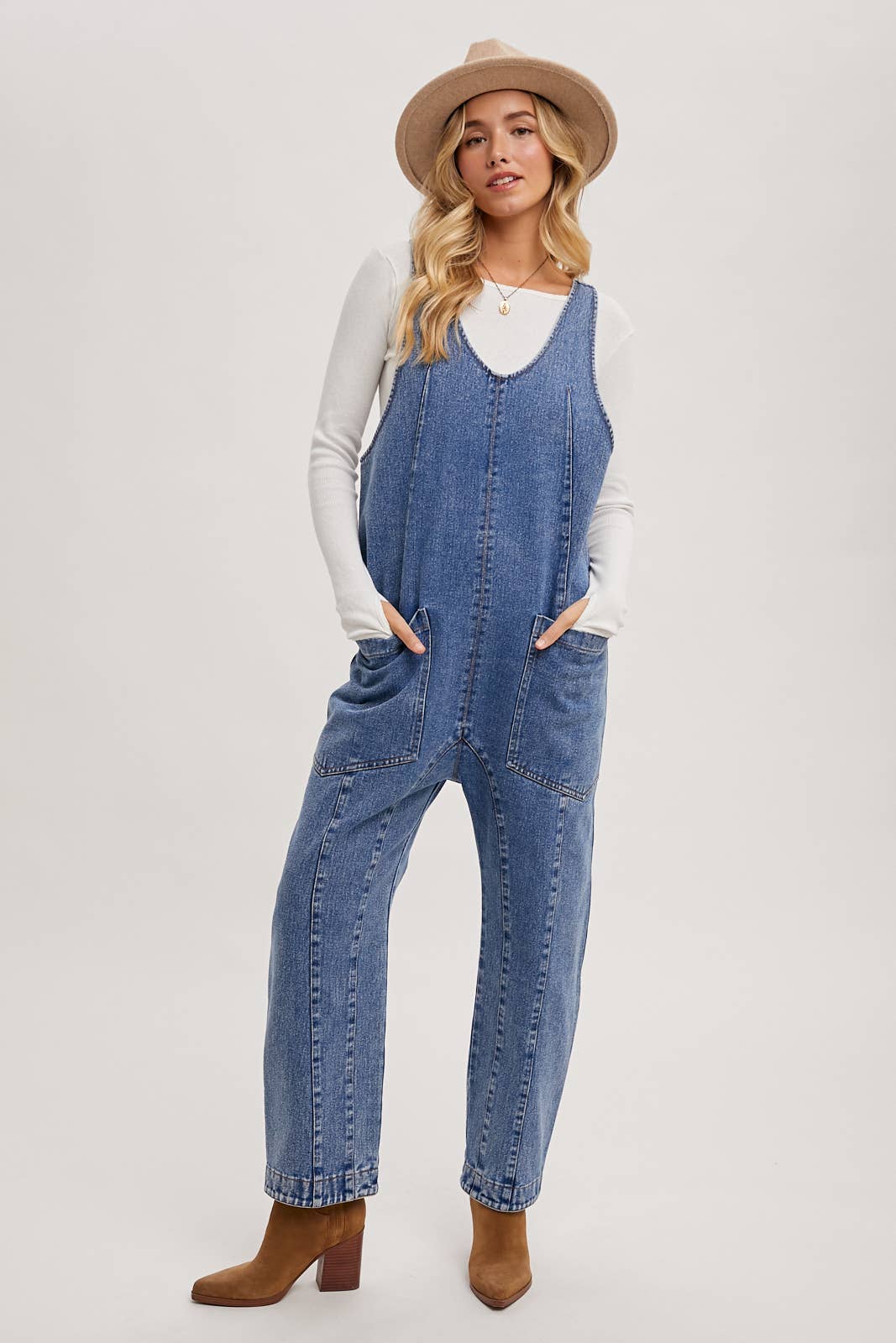 V-neck Adjustable Straps Denim Overalls - Image 3