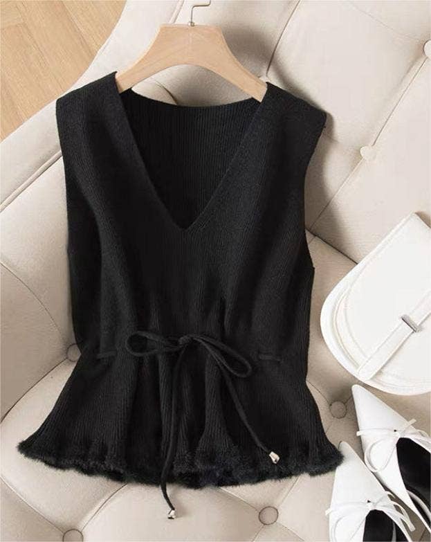 V-neck Frayed-hem Knit Vest
