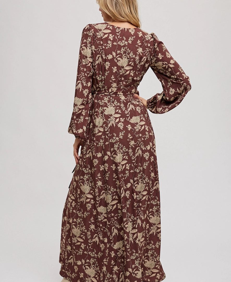 Puffed Sleeve Floral Wrap Maxi Dress