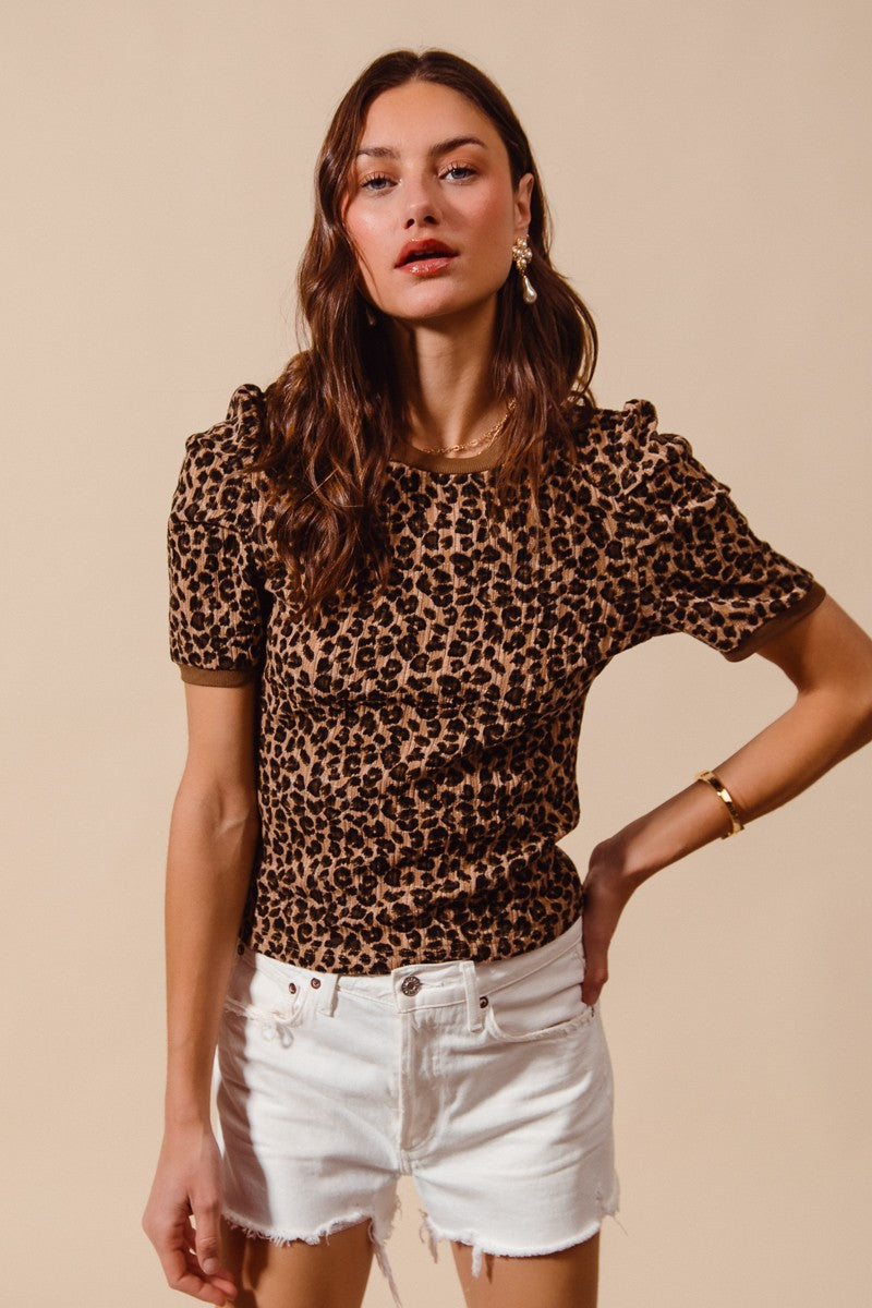 Puffed-shoulder Cropped Leopard-print Knit Top - Image 4