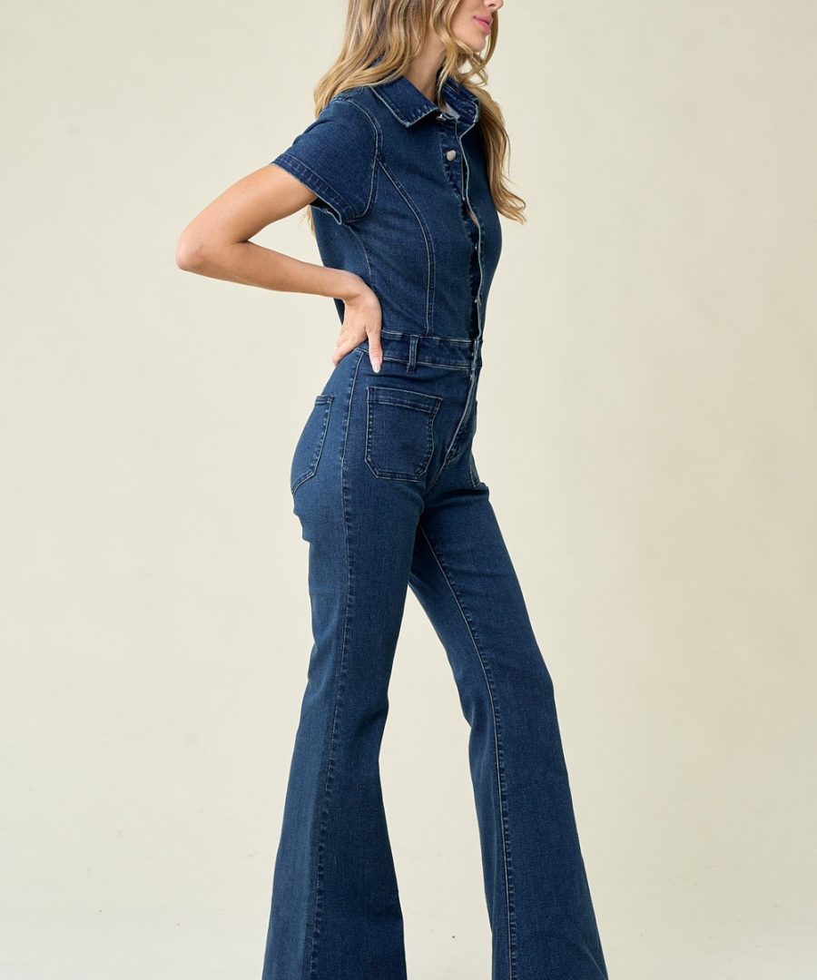 Flared-leg Button-up Denim Jumpsuit