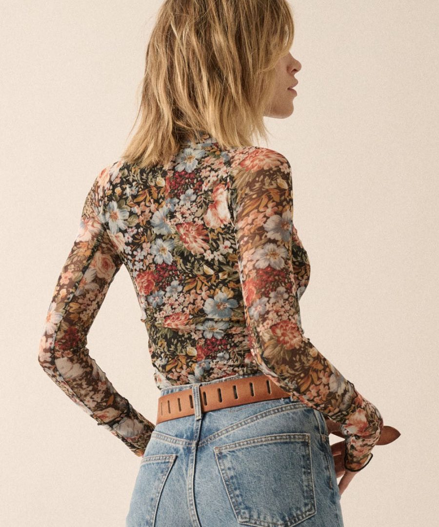 Vintage Floral High-neck Sheer Blouse