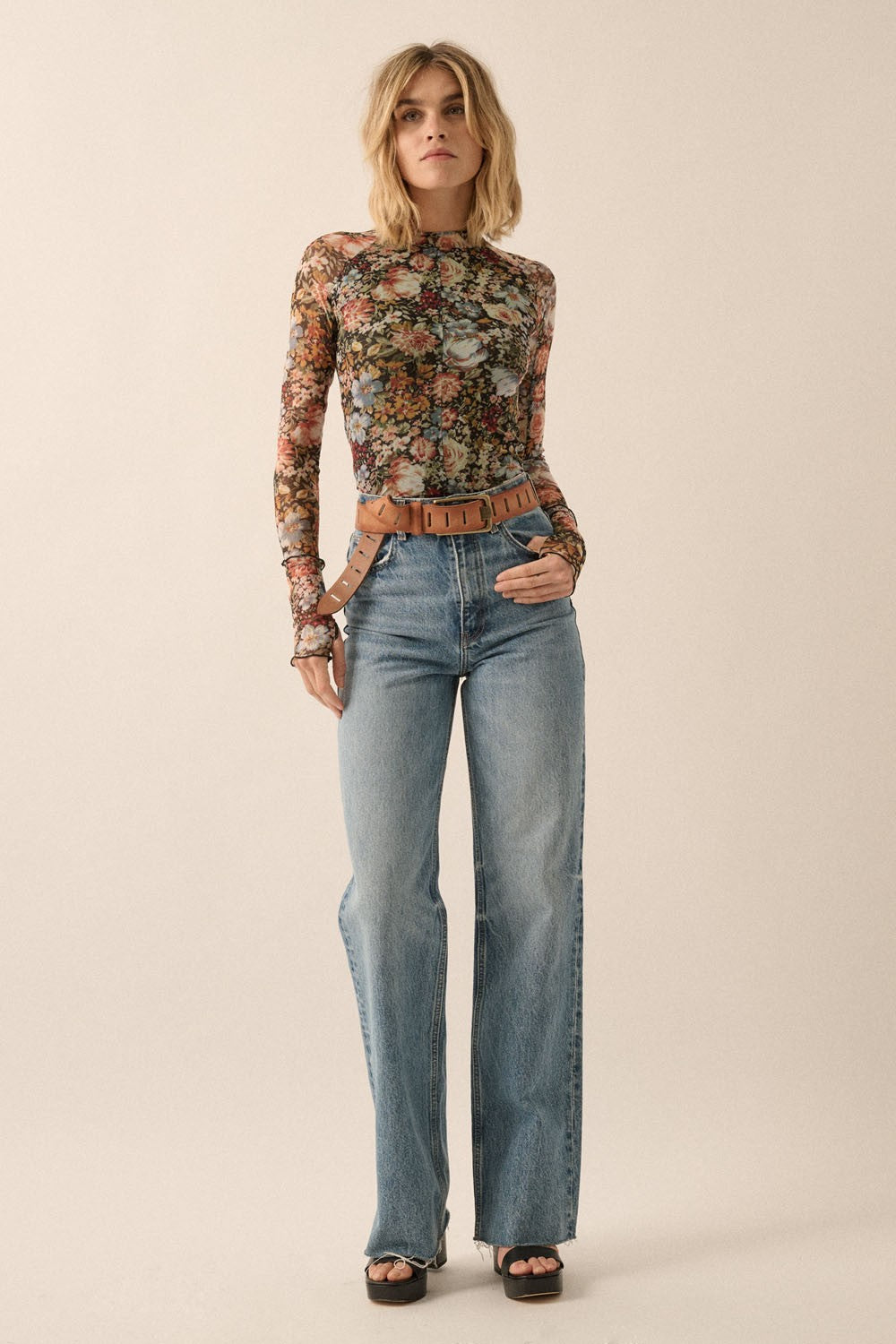 Vintage Floral High-neck Sheer Blouse - Image 6