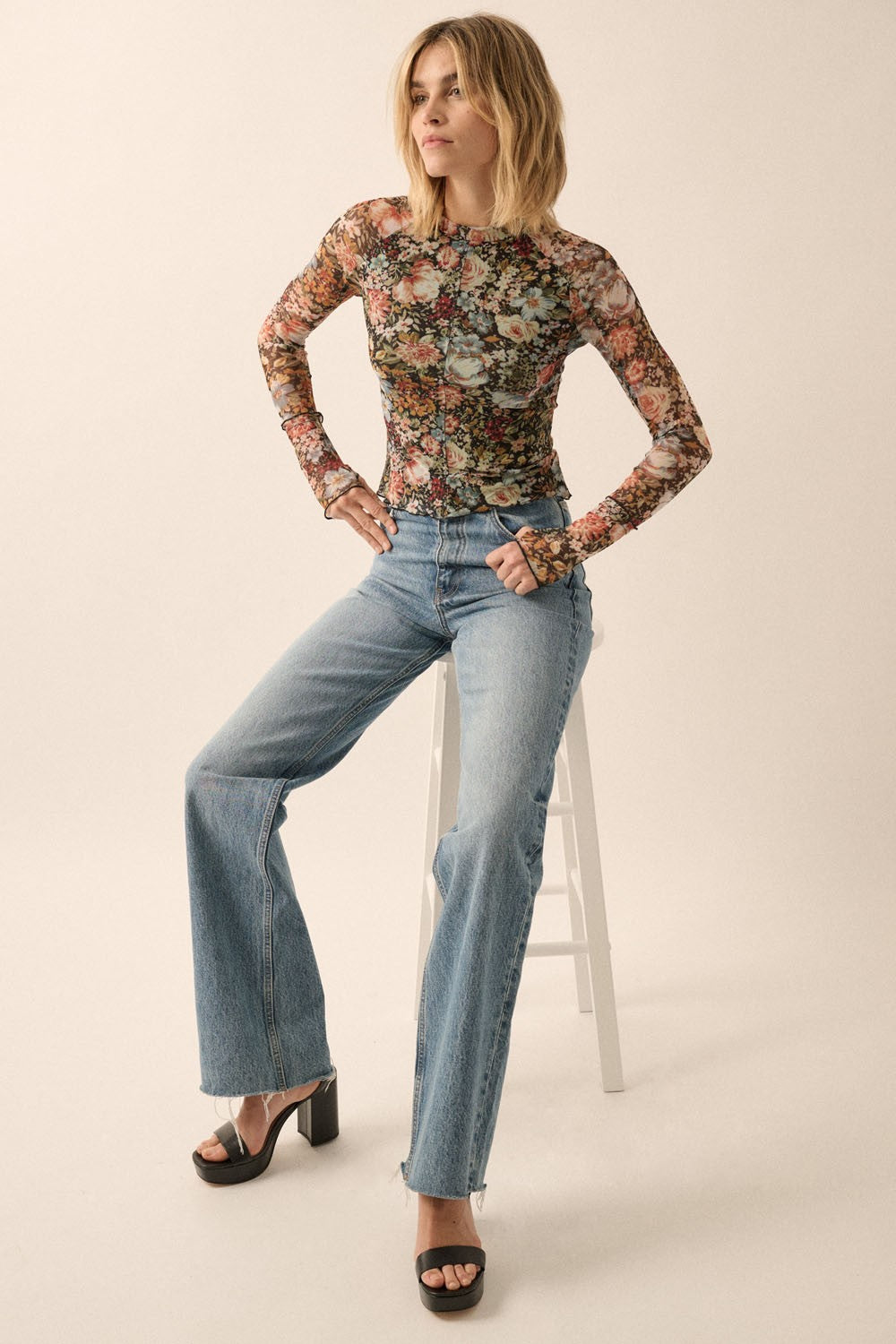 Vintage Floral High-neck Sheer Blouse - Image 3