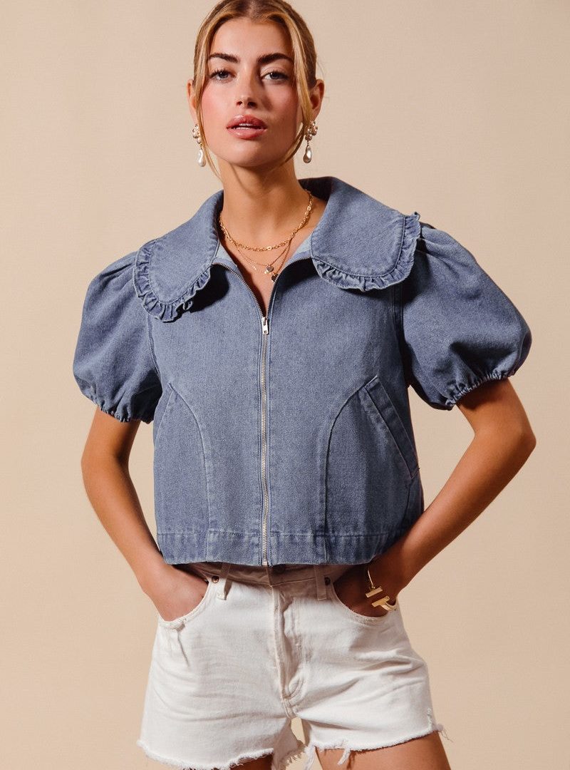 Ruffled Peter Pan-collar Cropped Denim Jacket