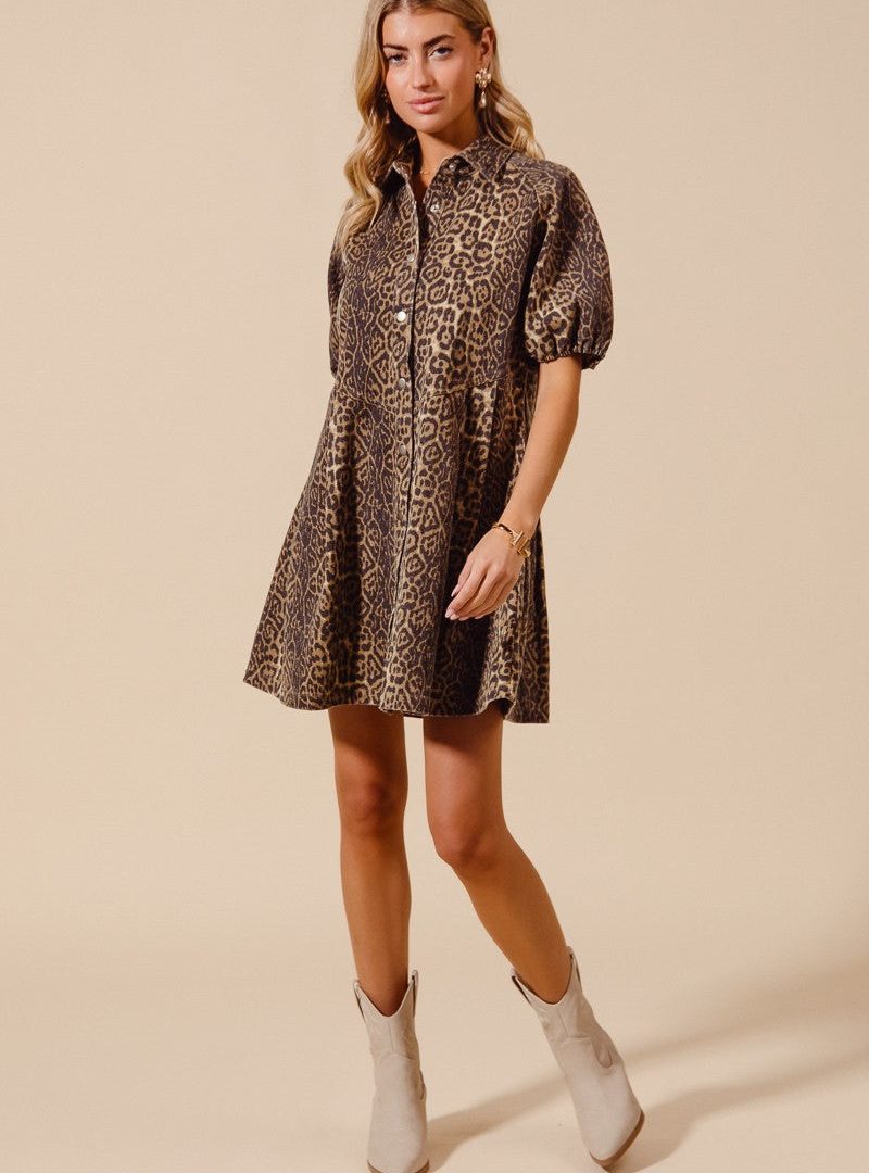 Puffed-sleeve Leopard Print Shirt Dress