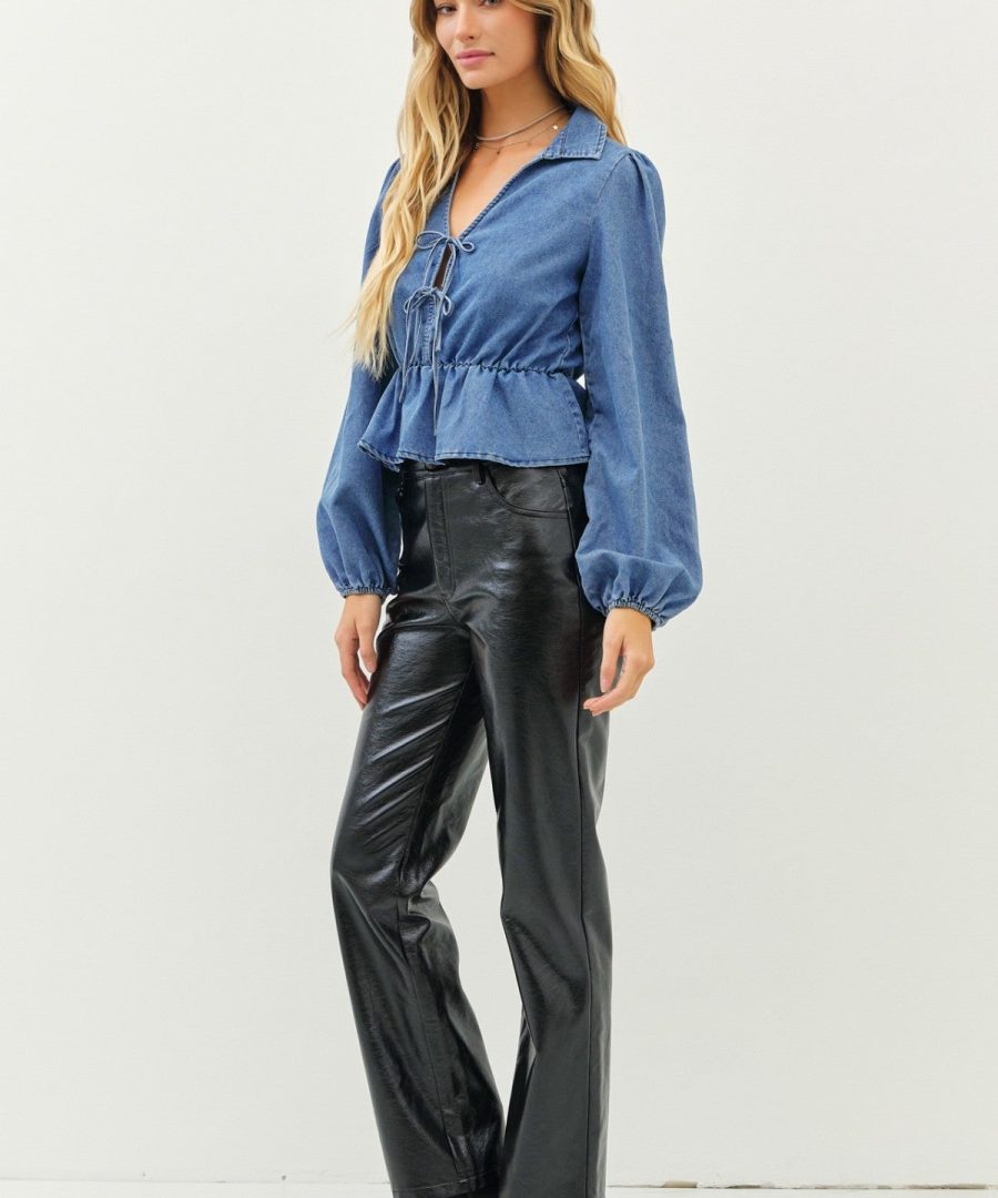 Puffed Sleeve Peplum Cropped Denim Blouse