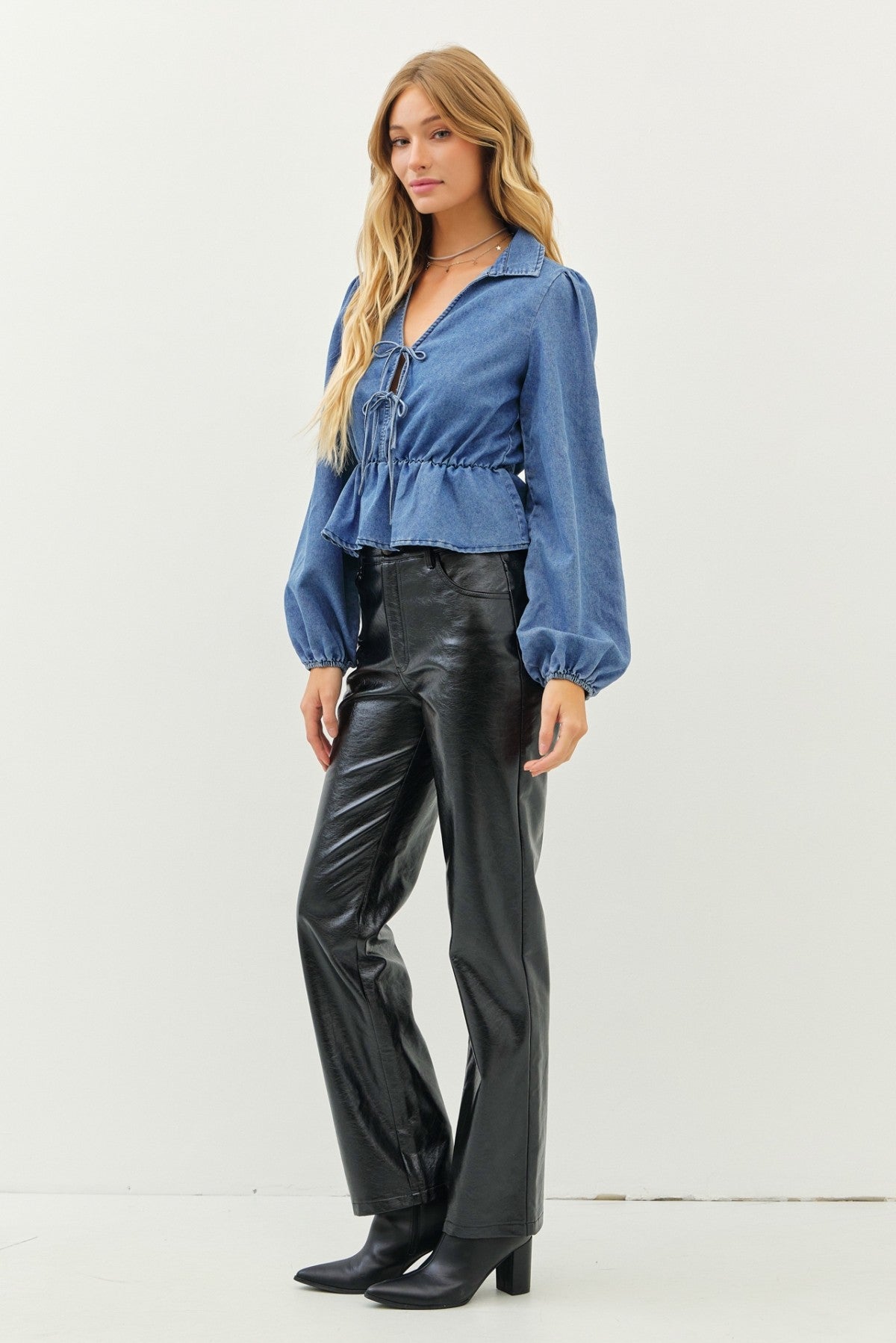 Puffed Sleeve Peplum Cropped Denim Blouse