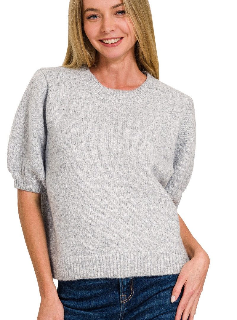 Puffed Sleeve Crew-neck Knit Sweater