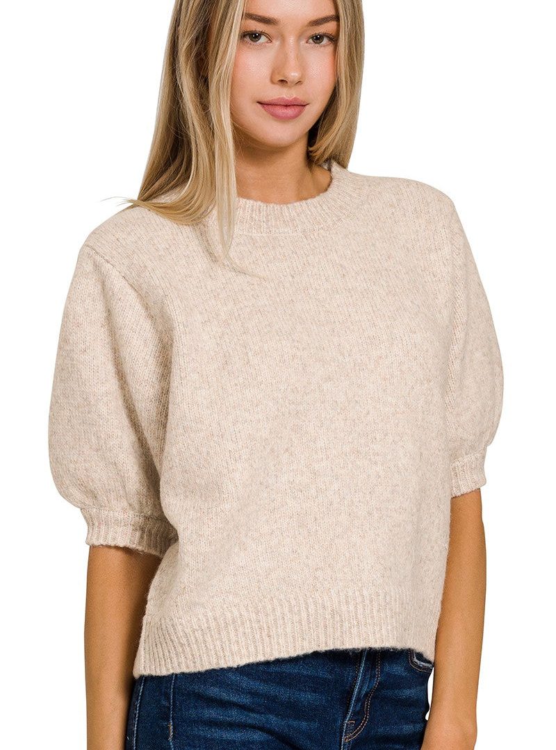 Puffed Sleeve Cropped Crew-neck Knit Sweater