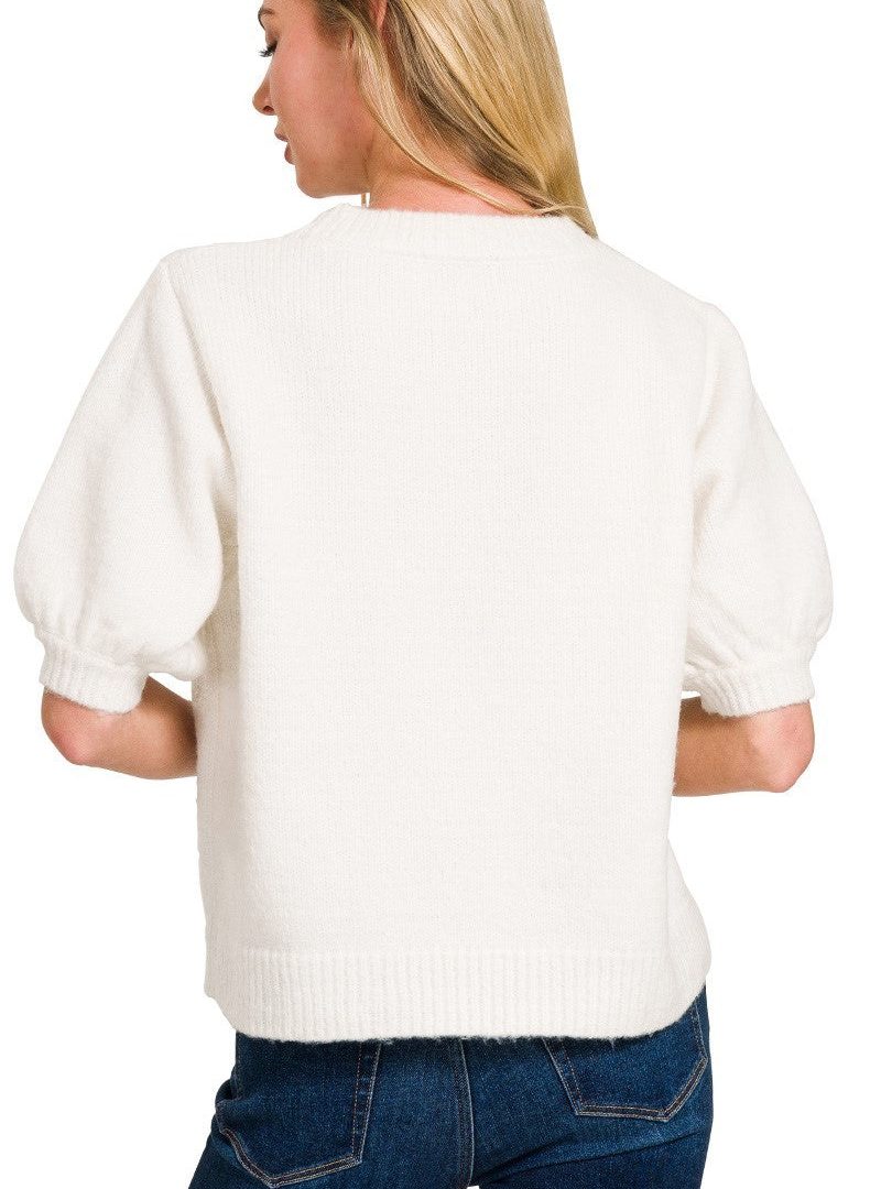 Cropped Puffed Sleeve Round-neck Knit Sweater