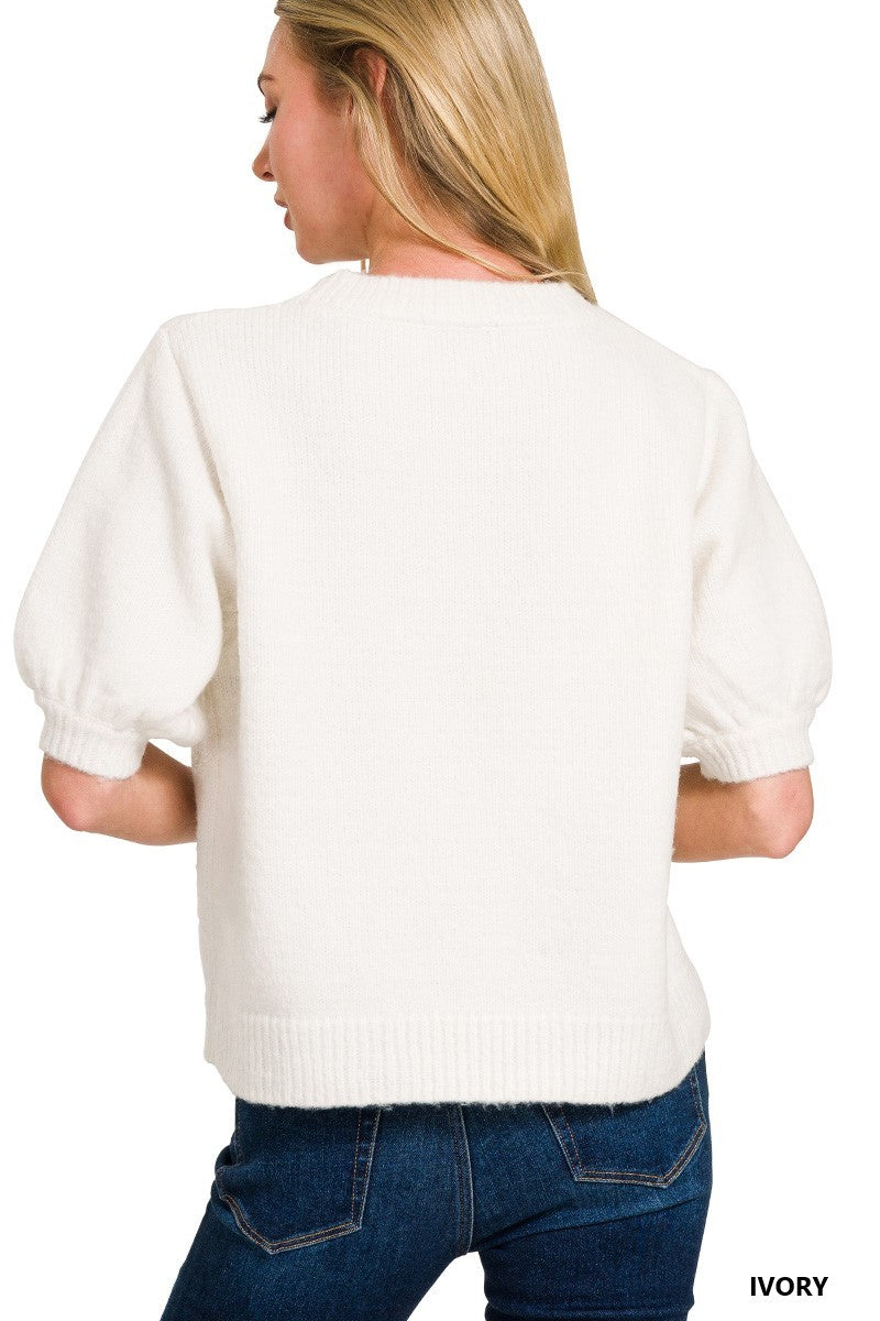 Cropped Puffed Sleeve Round-neck Knit Sweater