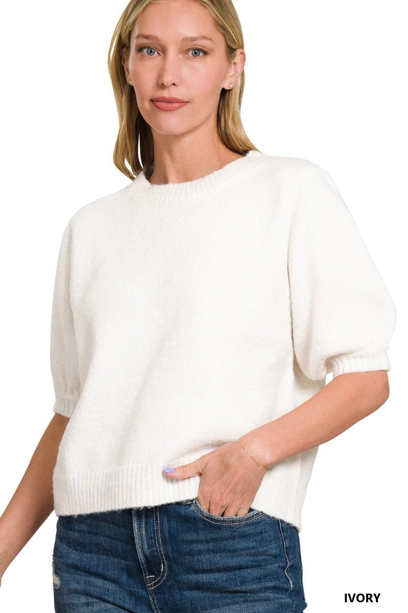 Cropped Puffed Sleeve Round-neck Knit Sweater - Image 2