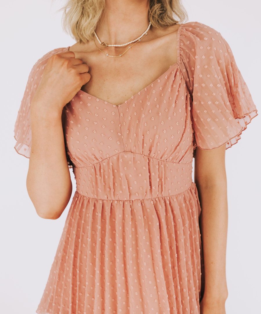 Dotted-pattern Flutter-sleeve Midi Dress