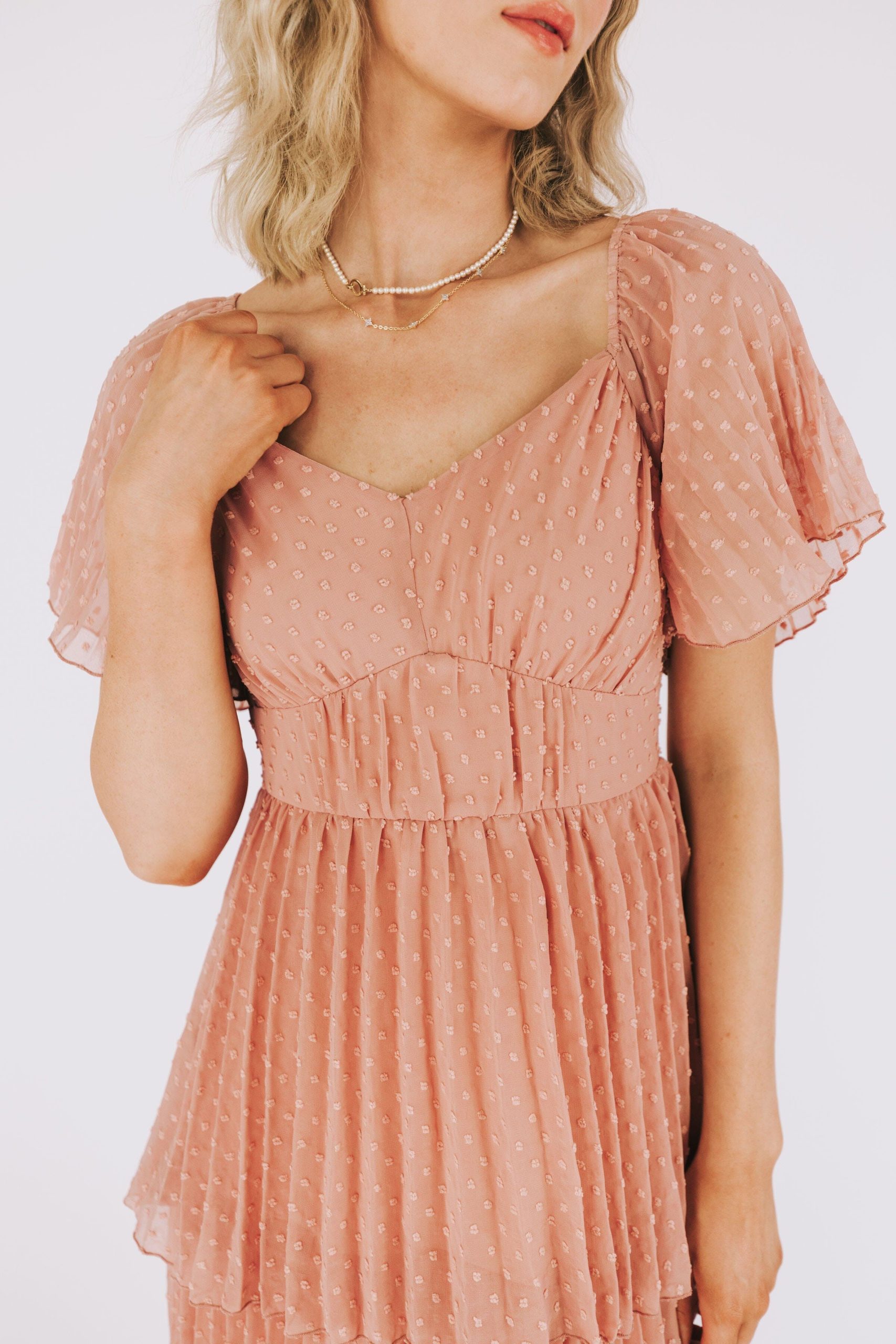 Dotted-pattern Flutter-sleeve Midi Dress