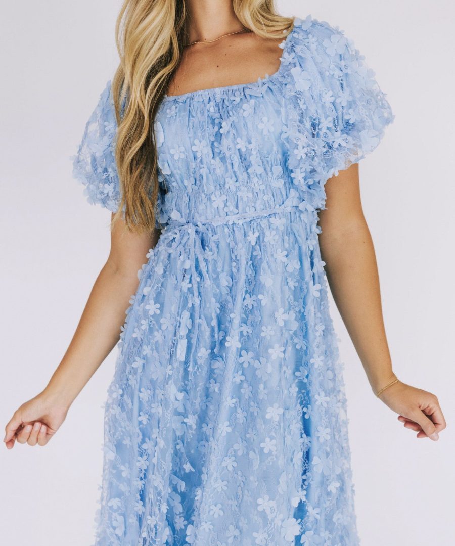 3D Floral Square-neck Puffed-sleeve Smocked A-line Midi Dress