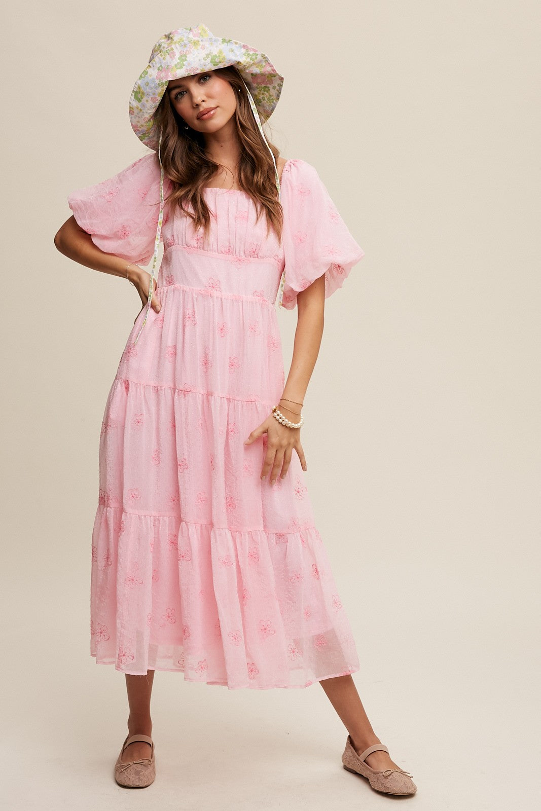 Square-neck Smocked Tiered Floral Maxi Dress