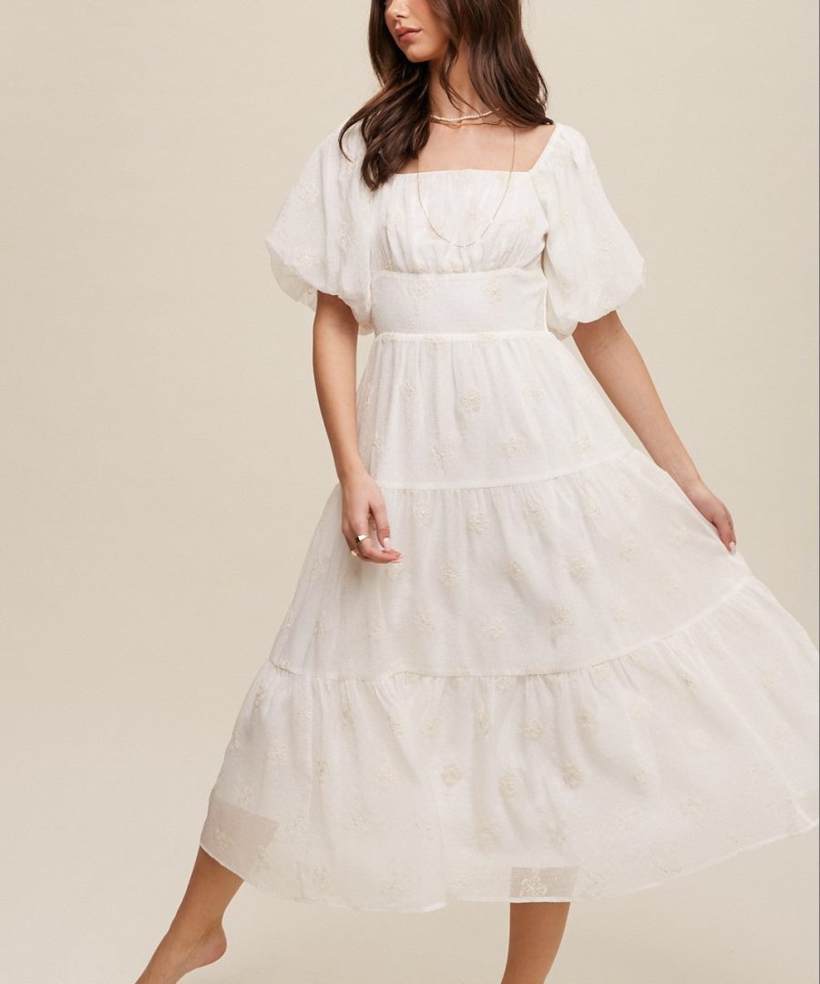 Embroidered Square-neck Puffed Sleeve Tiered Midi Dress
