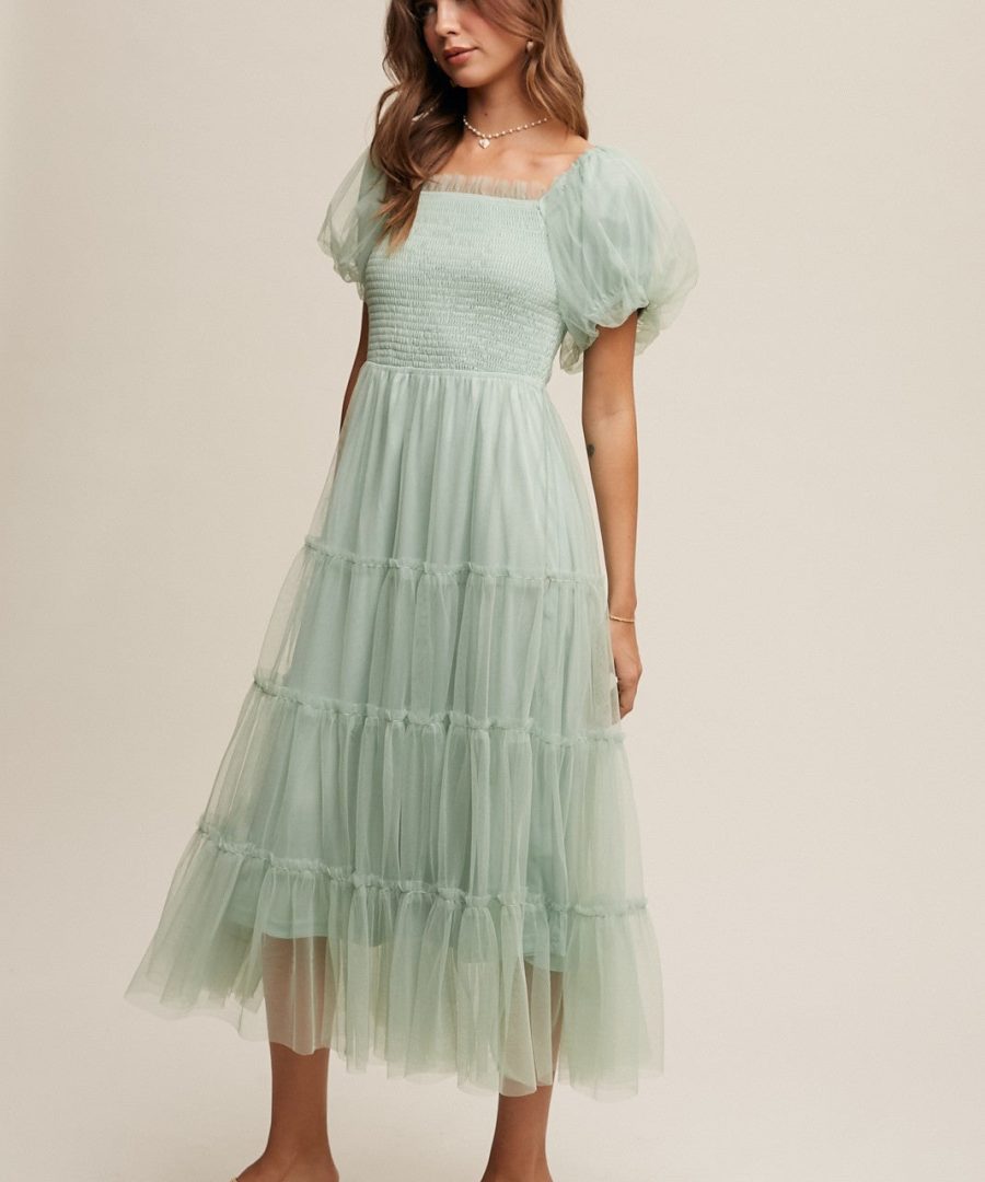 Square-neck Tiered Ruffled Smocked Midi Dress