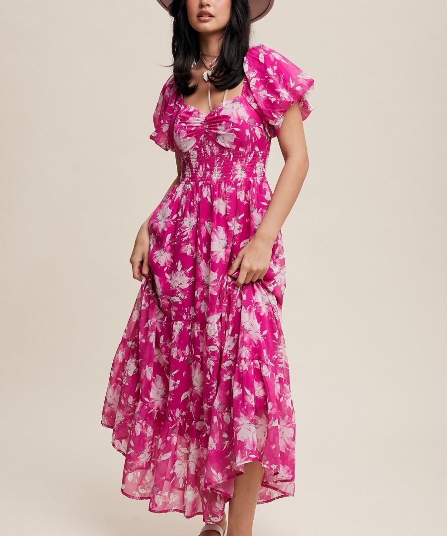 Smocked Square-neck Floral Tiered Maxi Dress