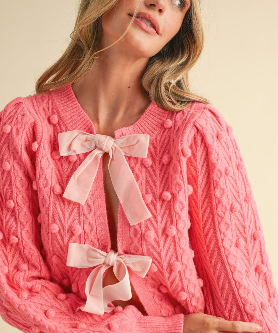 Bow-detailed Cable-bobble Knit Cropped Cardigan