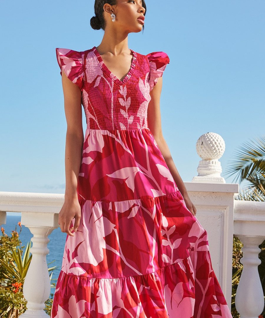 Flutter-sleeve Abstract Floral Maxi Dress