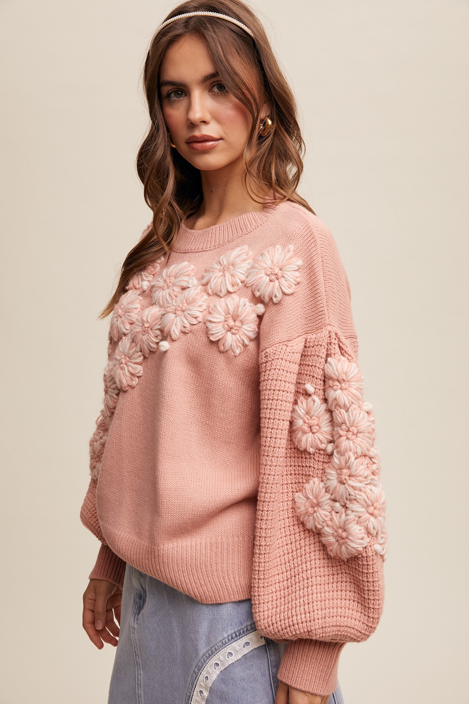 3D Floral Appliqué Balloon Sleeve Knit Sweater - Image 2