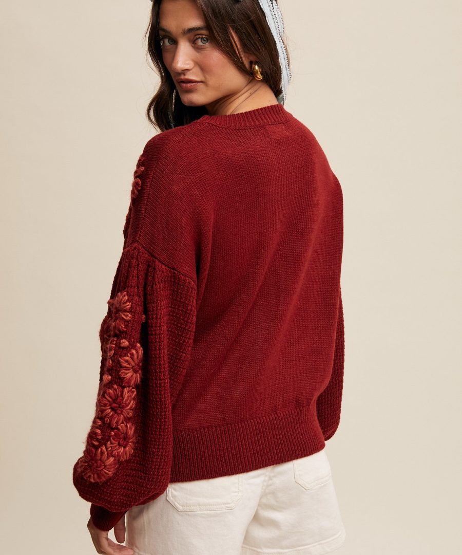 3D Floral Detailing Oversized Crew-neck Knit Sweater