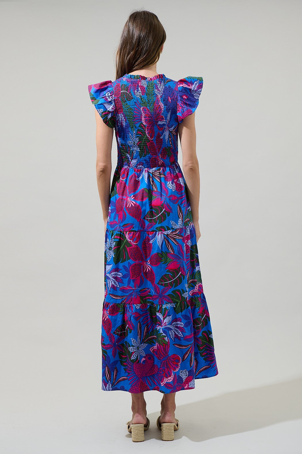 Tropical Floral Print Flutter-sleeve Maxi Dress - Image 4