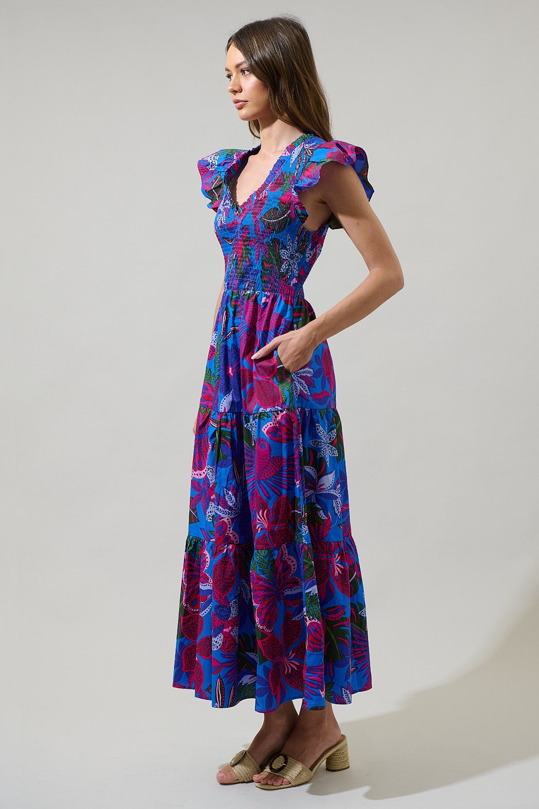 Tropical Floral Print Flutter-sleeve Maxi Dress - Image 3
