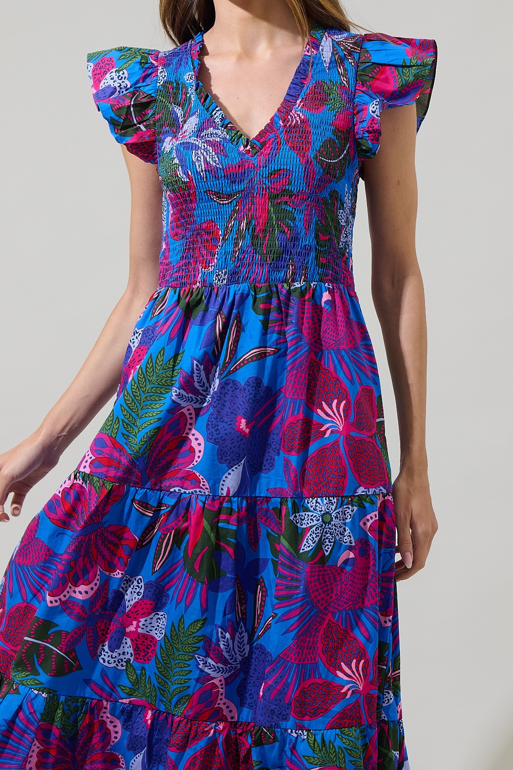 Tropical Floral Print Flutter-sleeve Maxi Dress - Image 2