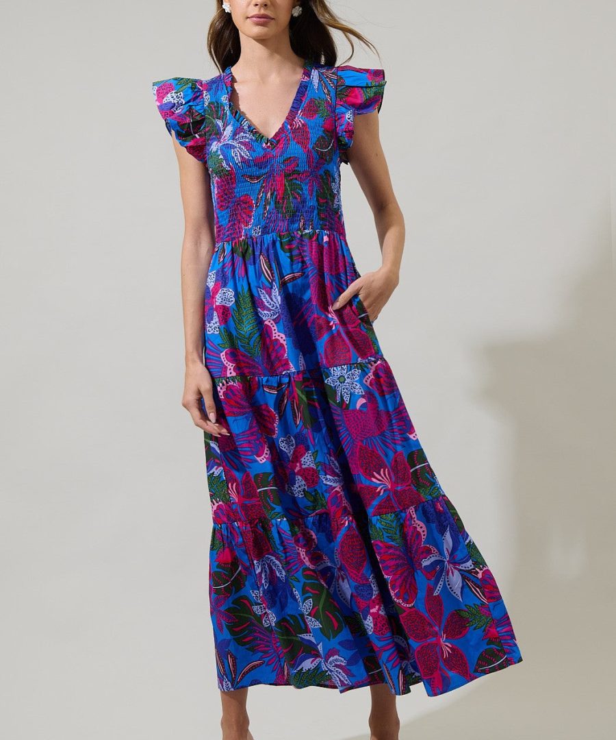 Tropical Floral Print Flutter-sleeve Maxi Dress