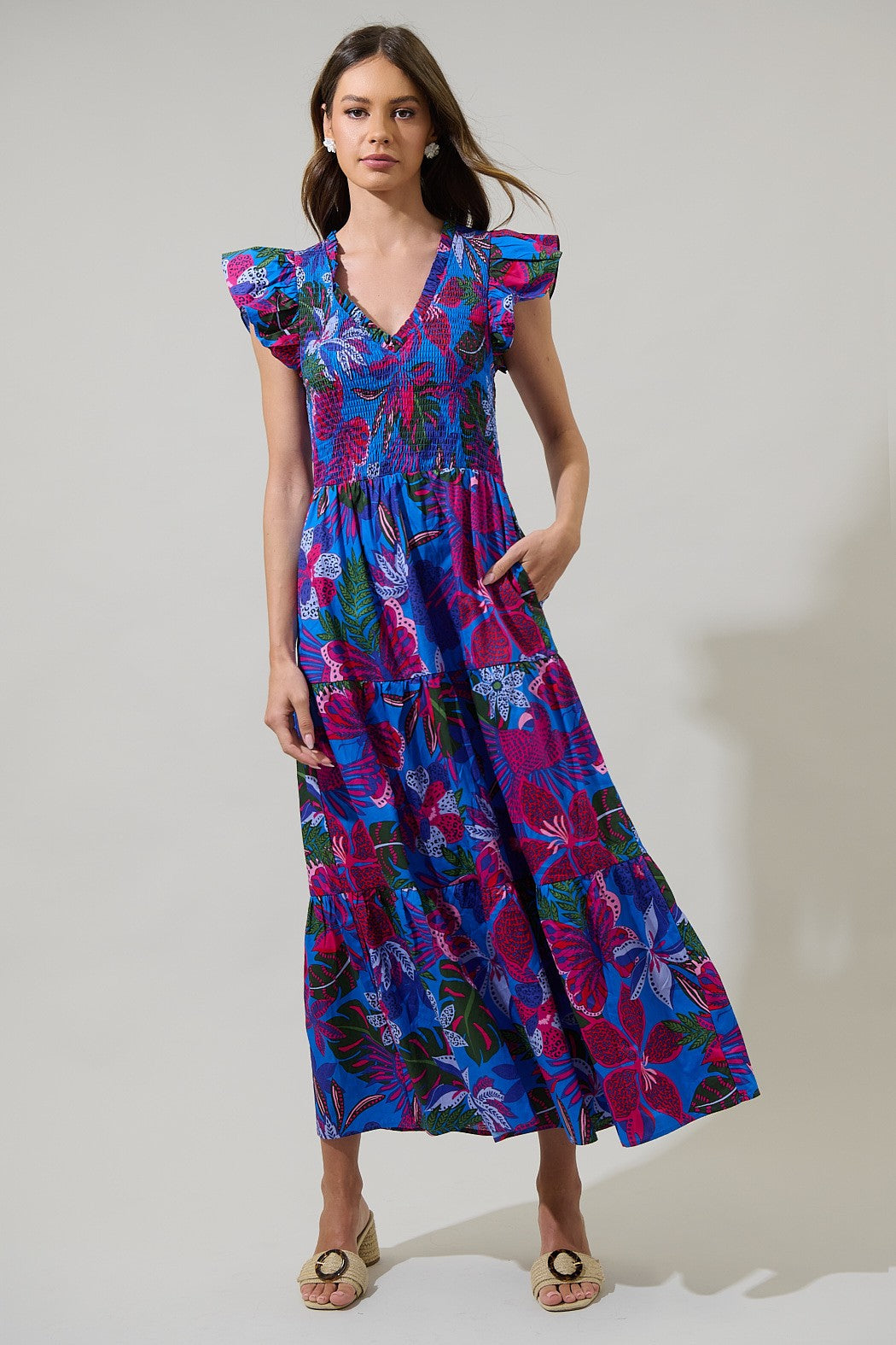 Tropical Floral Print Flutter-sleeve Maxi Dress