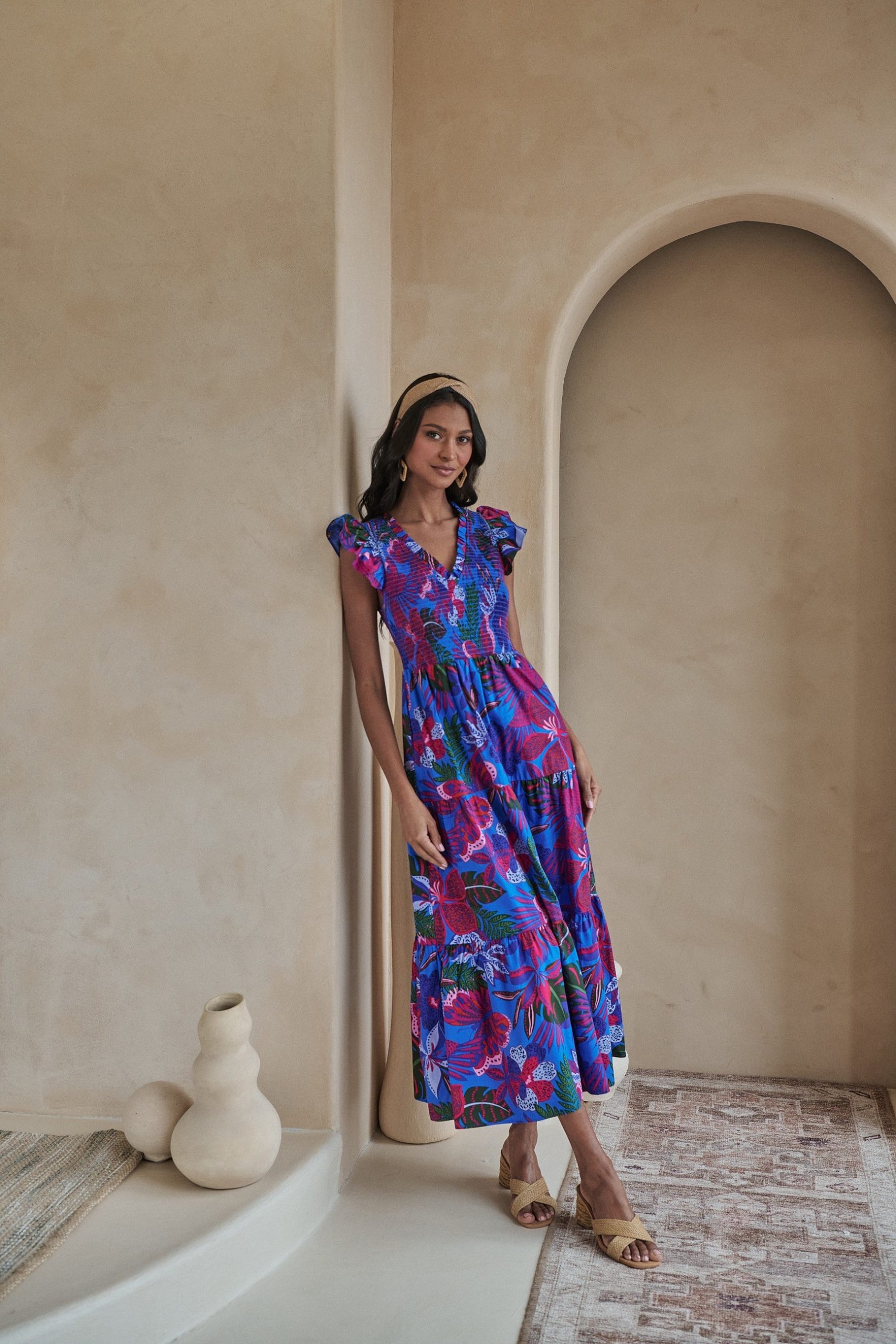 Tropical Floral Print Flutter-sleeve Maxi Dress - Image 5