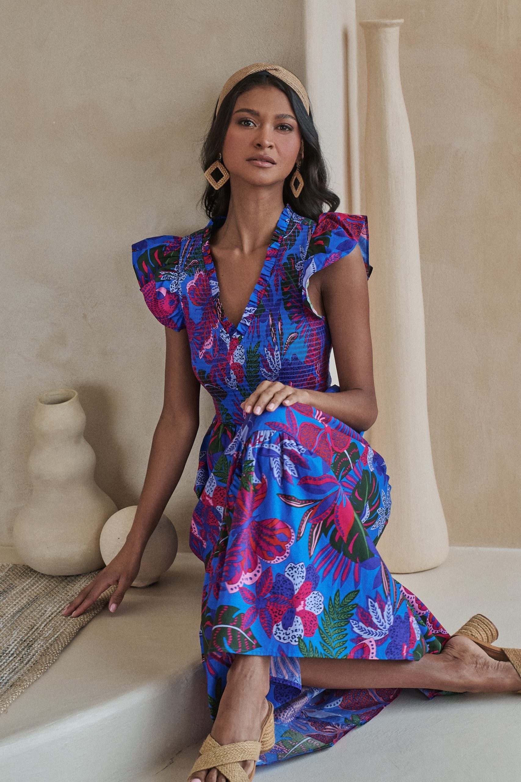 Tropical Floral Print Flutter-sleeve Maxi Dress - Image 6