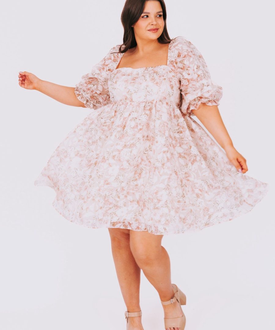 Floral-print Square-neck Puffed-sleeve Babydoll Dress