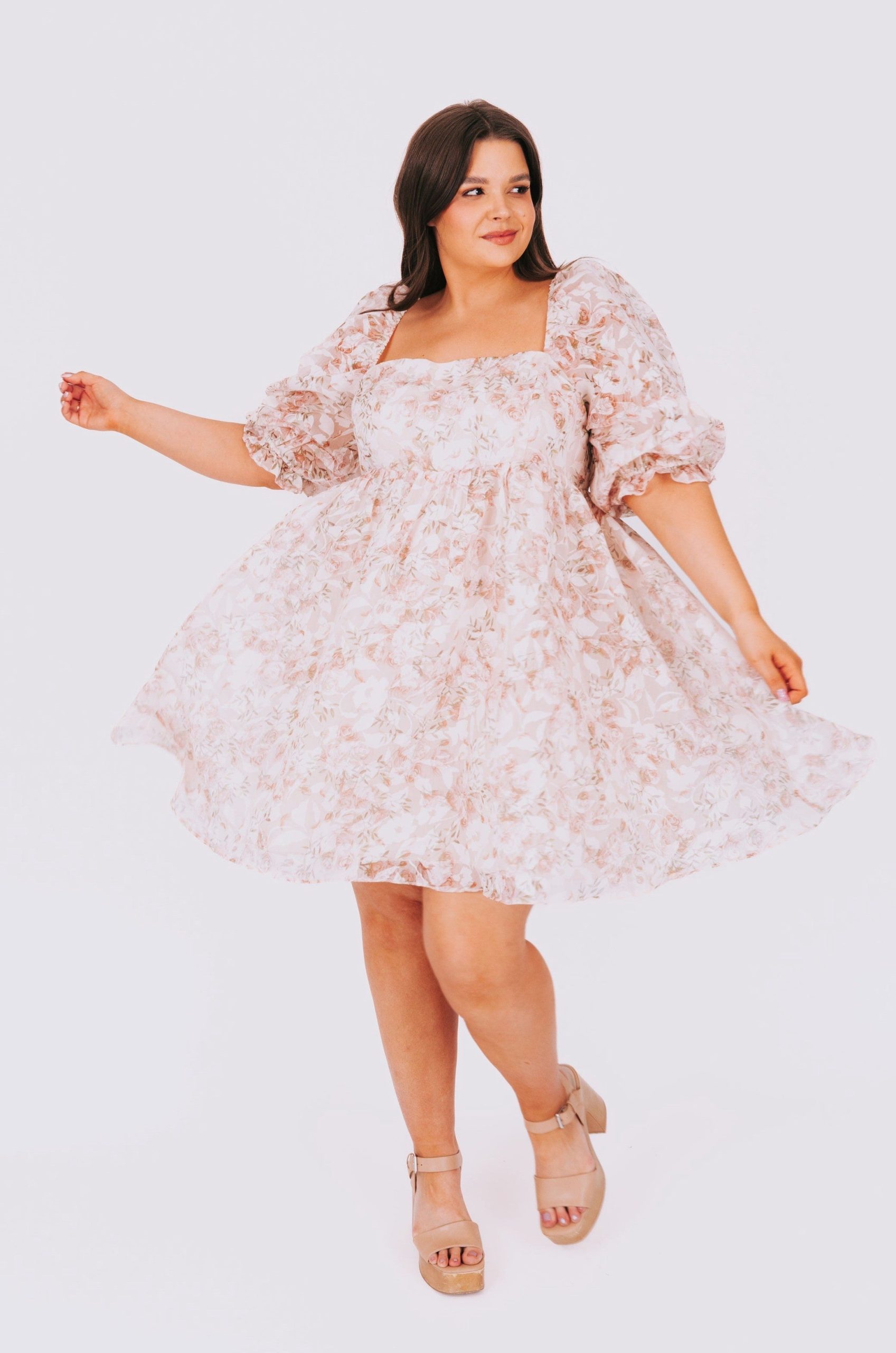 Floral-print Square-neck Puffed-sleeve Babydoll Dress