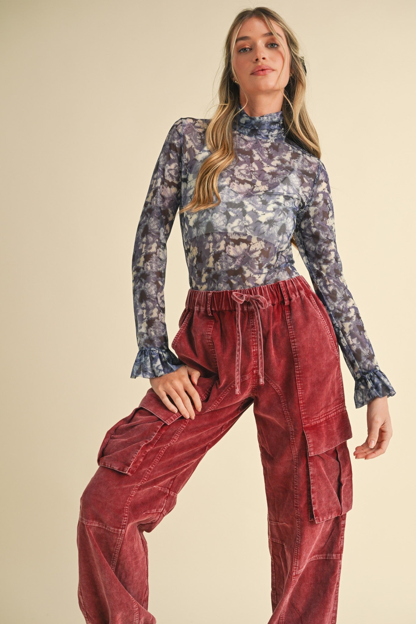 Ruffled-cuff Bohemian Floral Sheer Top - Image 4