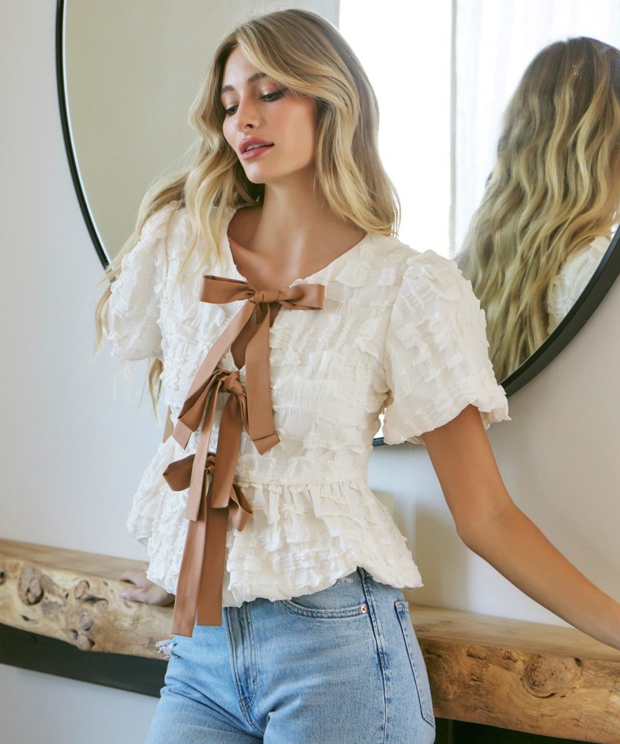 Bow - detailed Textured Puffed Sleeve Babydoll Top