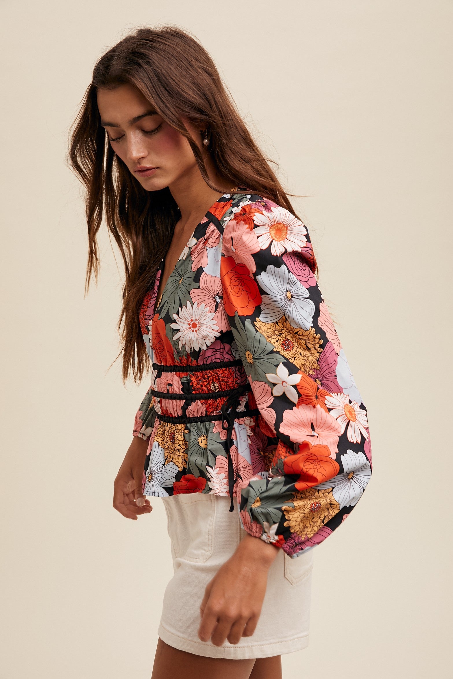 Floral-print Puffed Sleeve V-neck Peplum Blouse - Image 7
