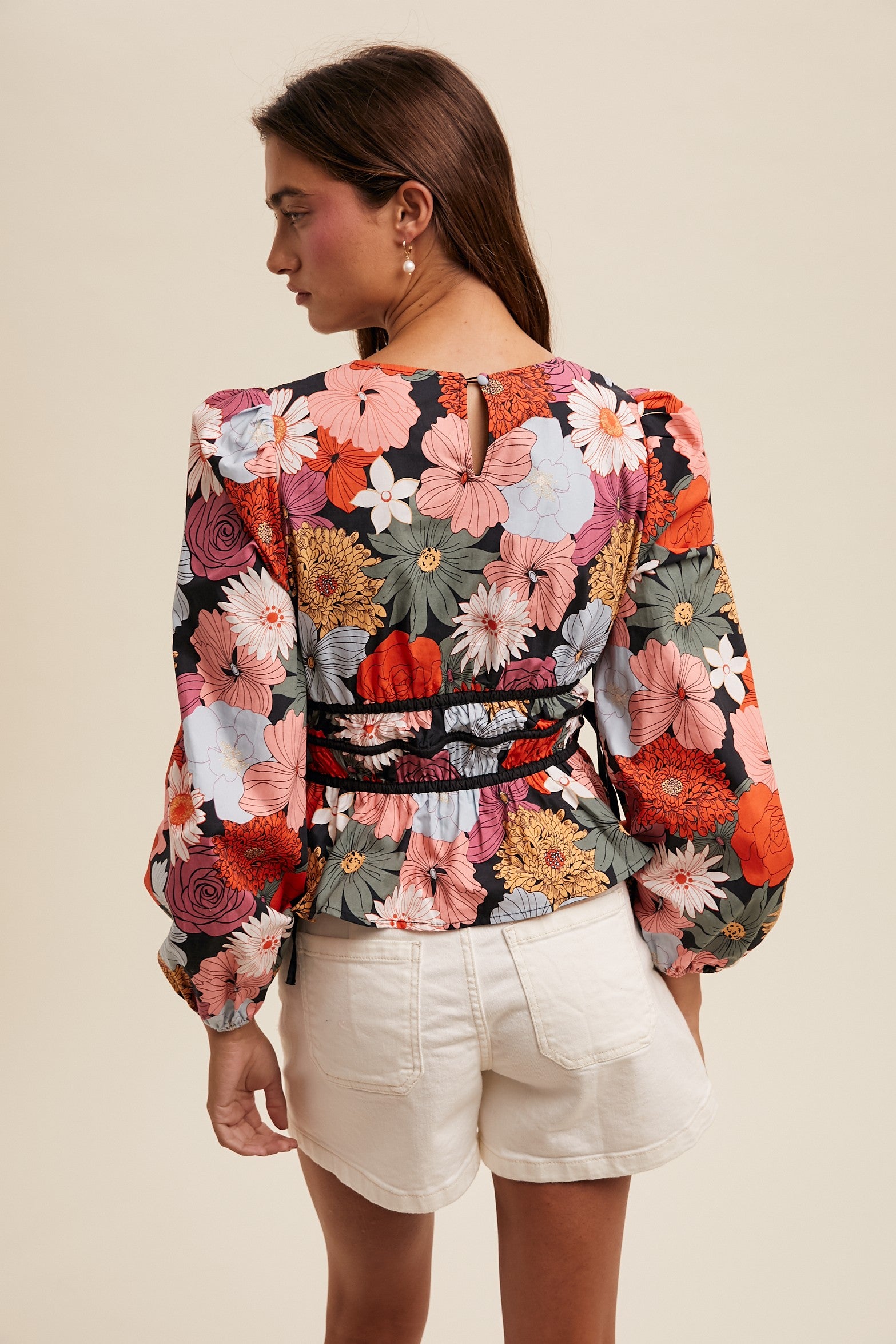 Floral-print Puffed Sleeve V-neck Peplum Blouse - Image 2