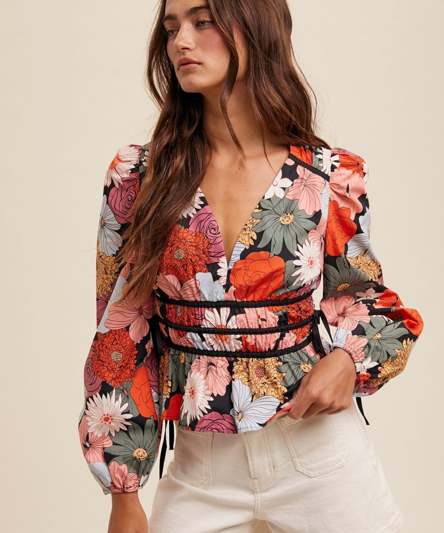 Floral-print Puffed Sleeve V-neck Peplum Blouse