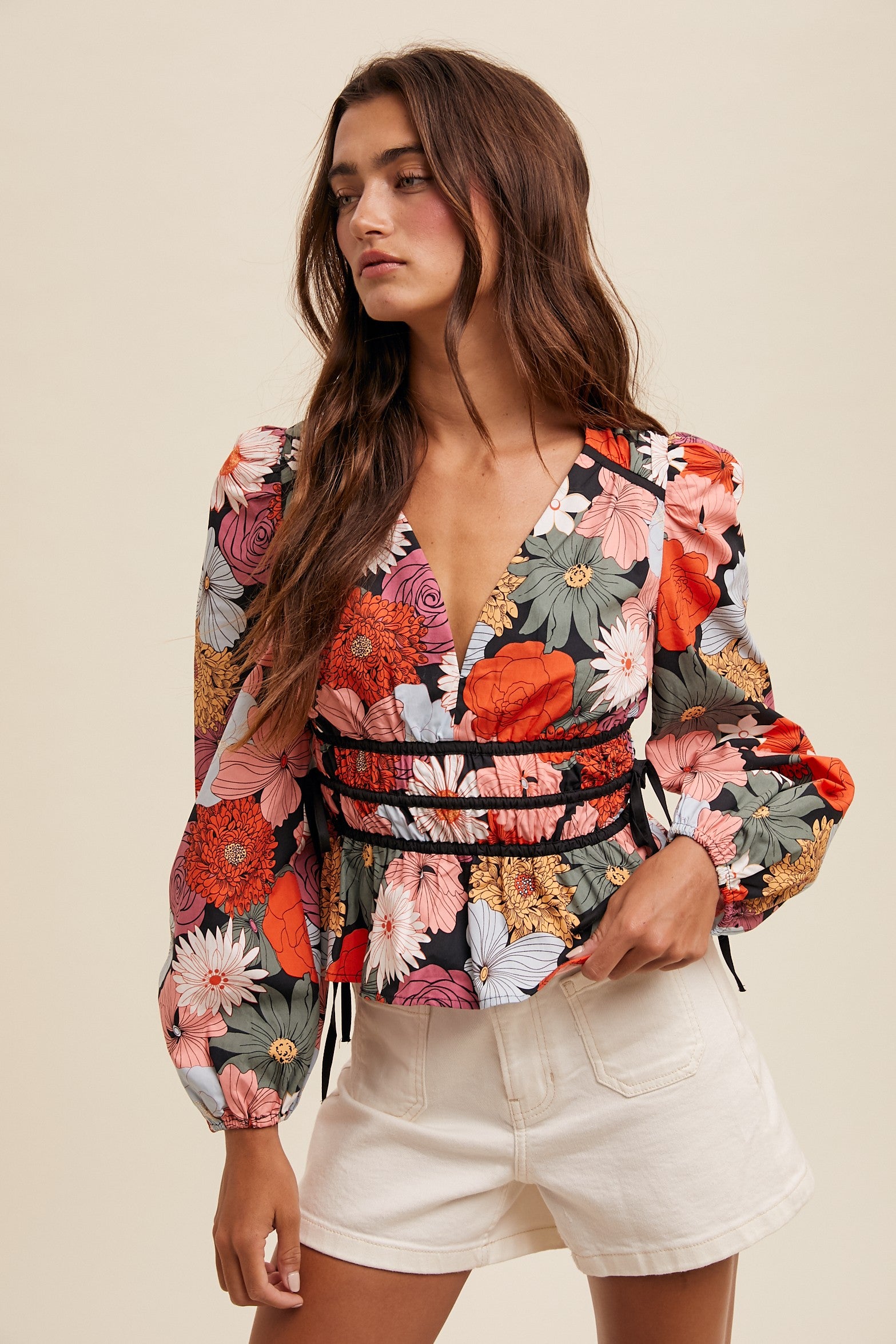 Floral-print Puffed Sleeve V-neck Peplum Blouse