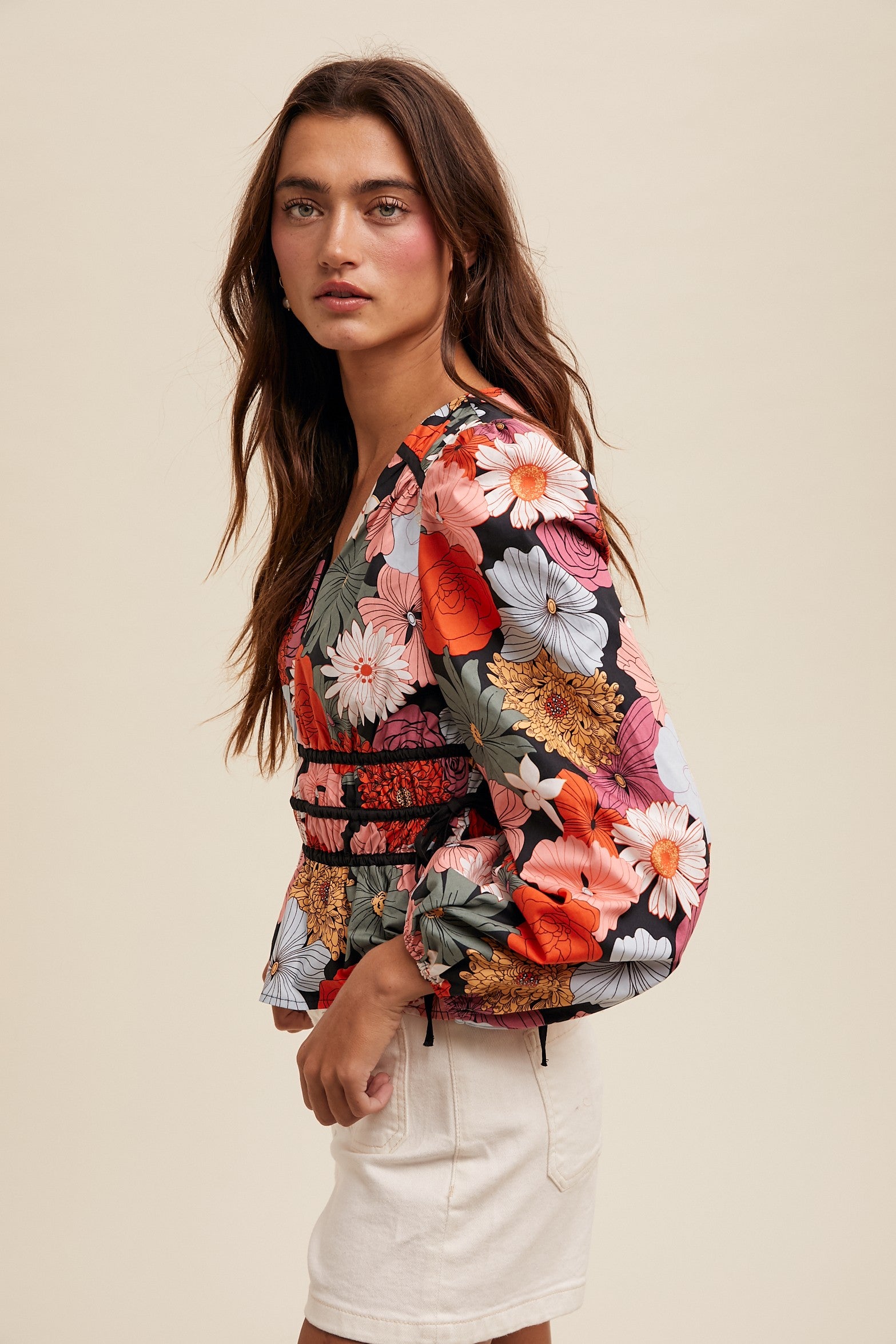 Floral-print Puffed Sleeve V-neck Peplum Blouse - Image 4