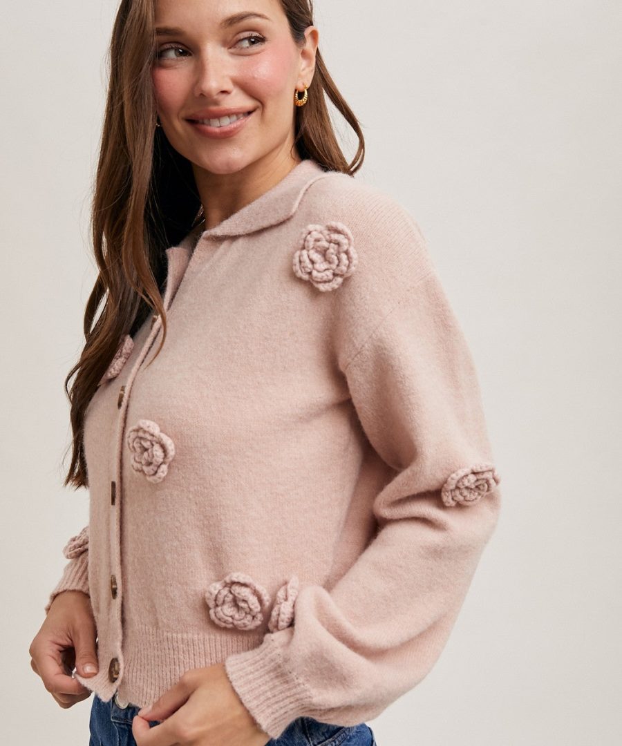 Floral-appliqué Peter Pan Collar Cropped Cardigan
