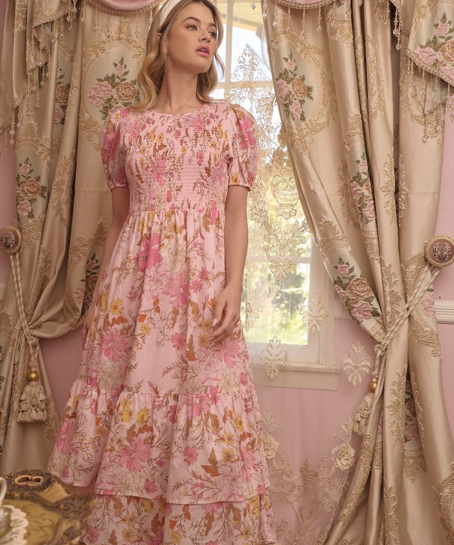 Floral-print Puffed-sleeve Tiered Smocked Midi Dress