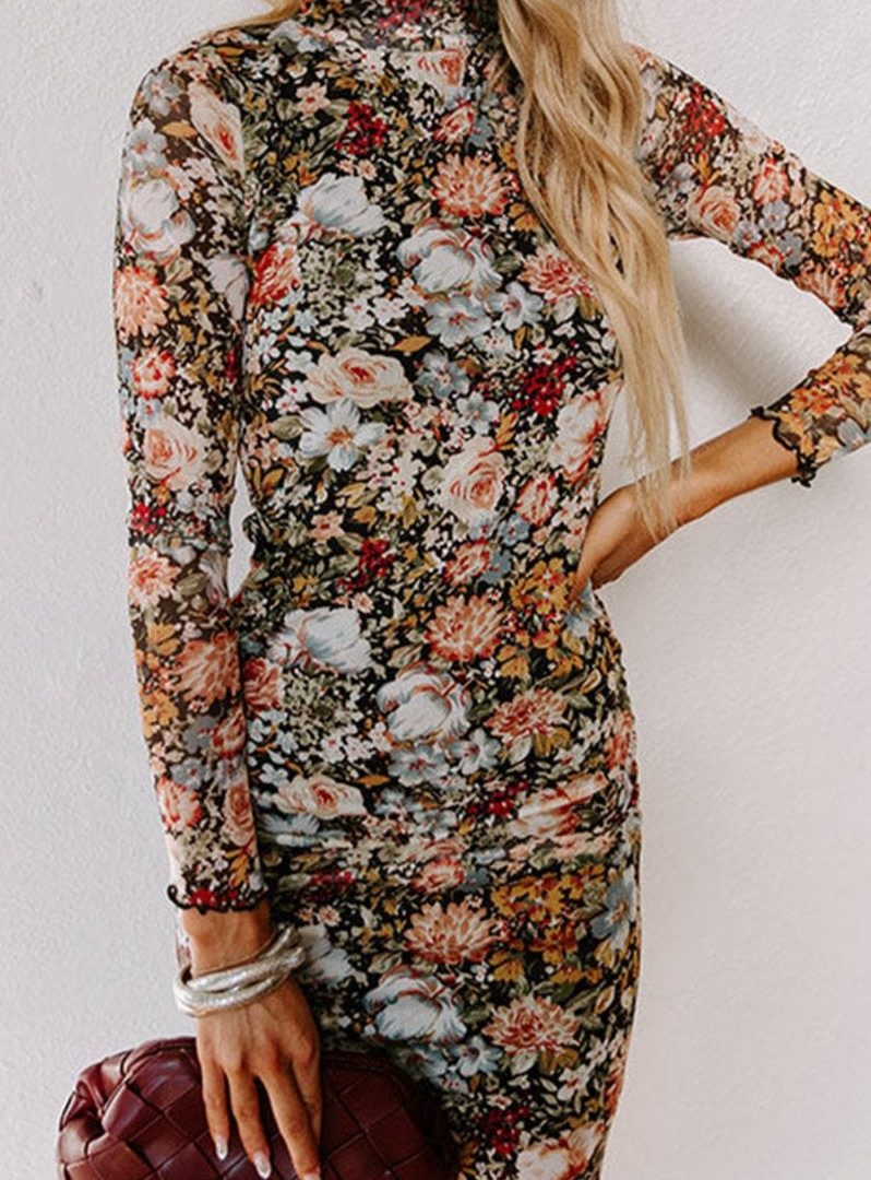 Scalloped-cuff Floral Midi Dress