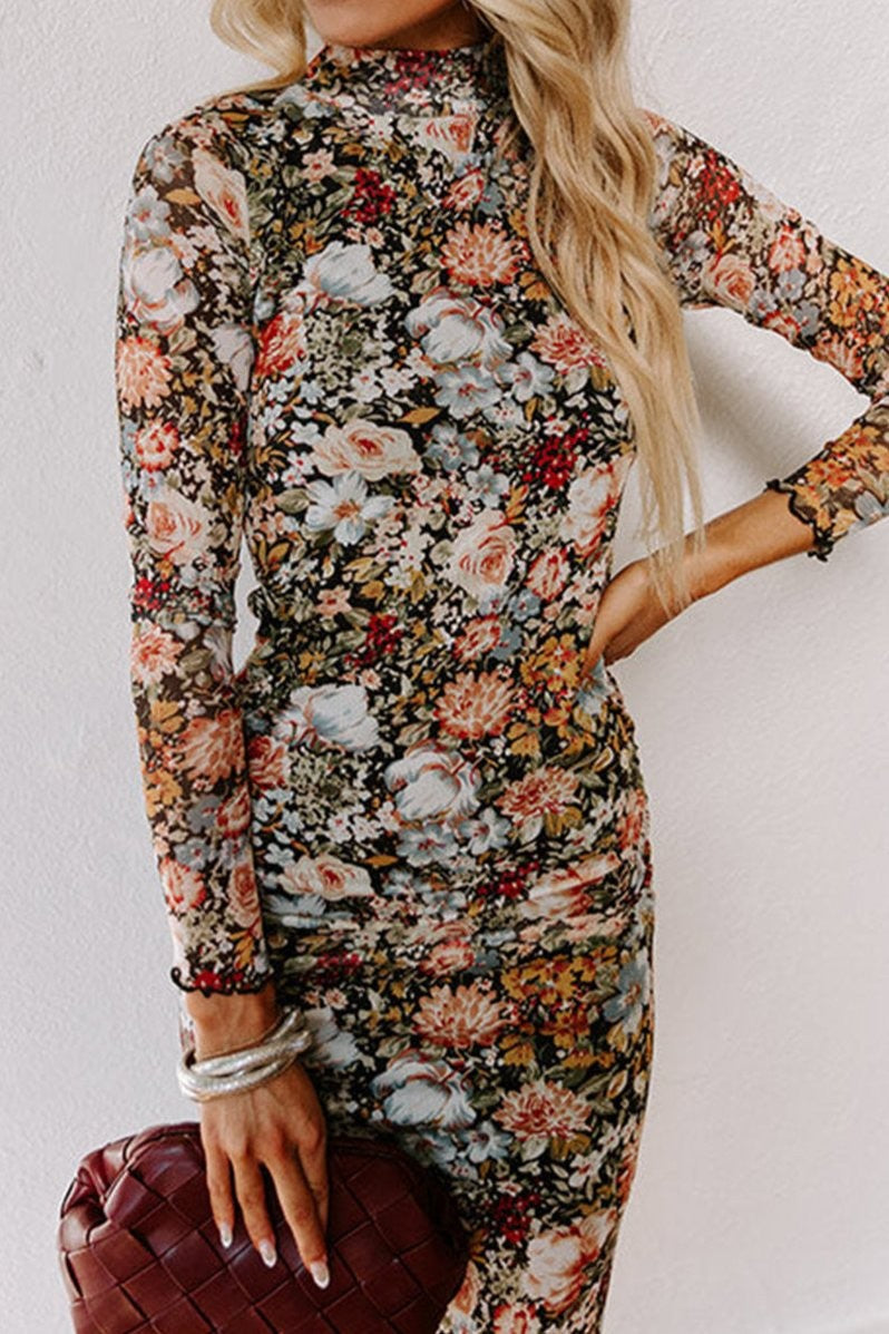 Scalloped-cuff Floral Midi Dress