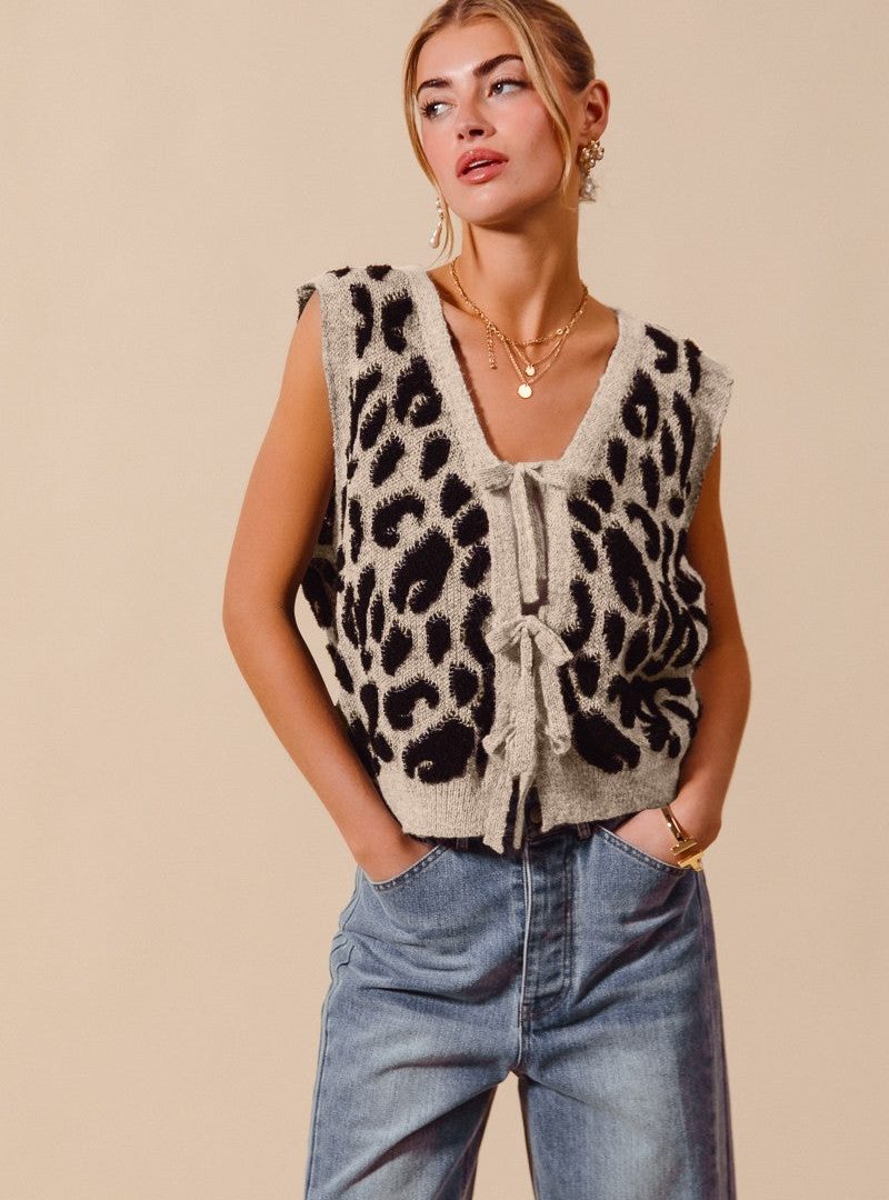 Leopard-print Tie-front Cropped Sweater Vest