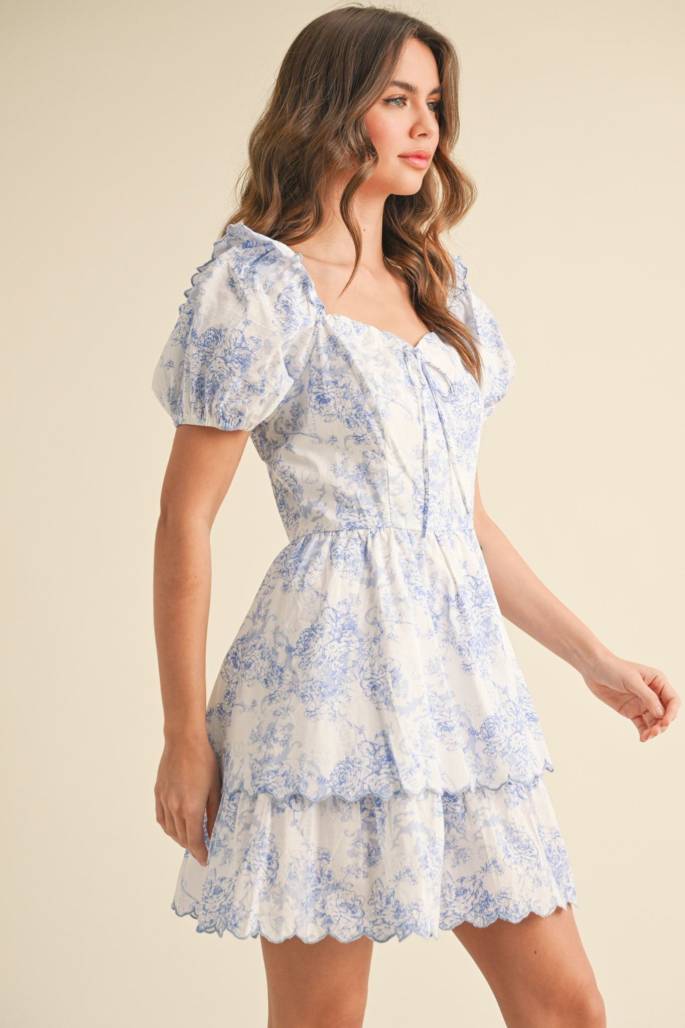 Scalloped-tiered Puffed-sleeve Floral Mini Dress - Image 7